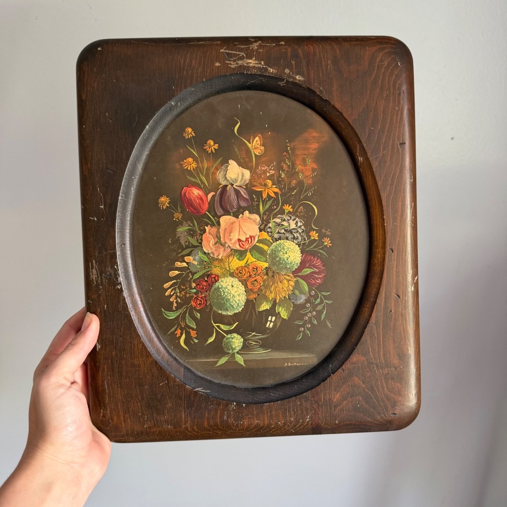 Vintage J Buttner Floral Still Life Print in Heavy Rustic Oval Wood Frame 12x10